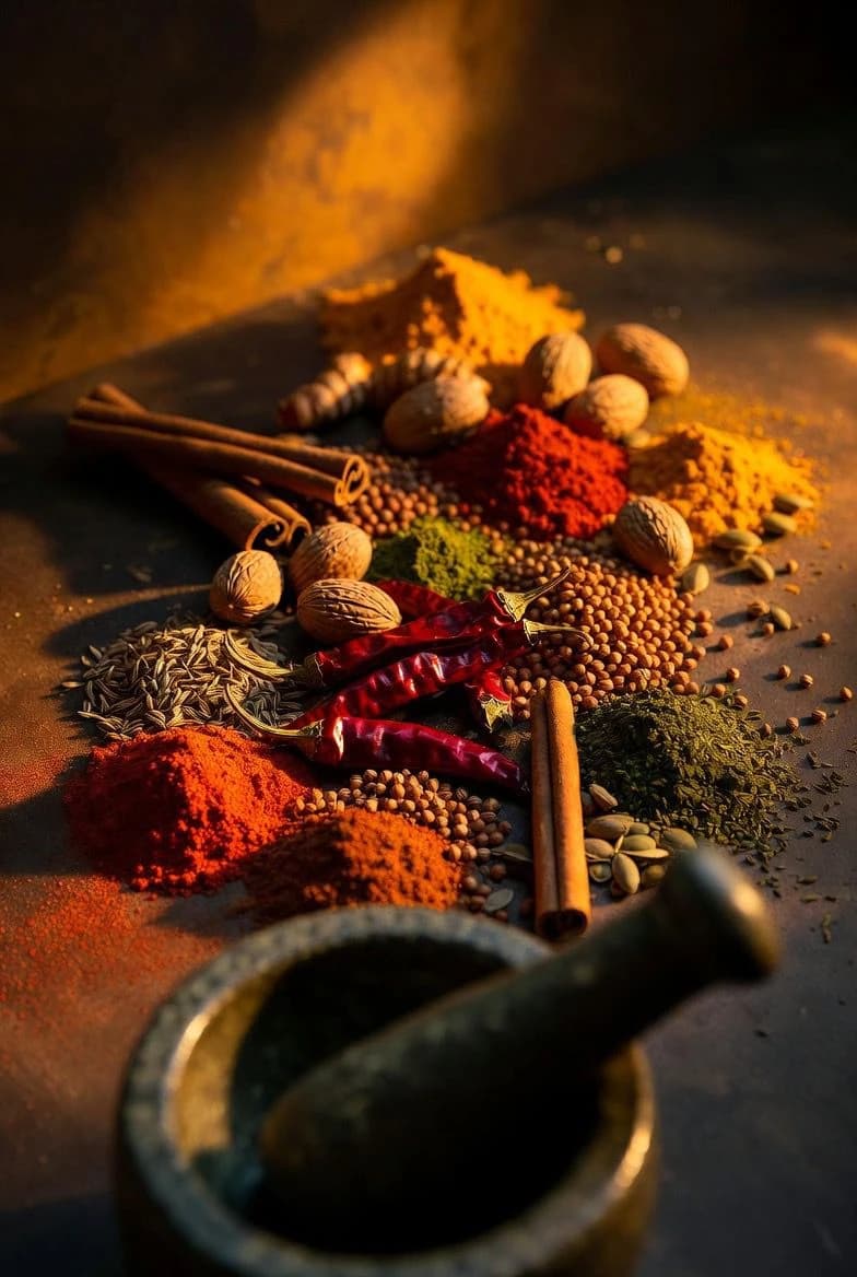 Traditional mortar and pestle with aromatic spices — turmeric, chilies, and cumin